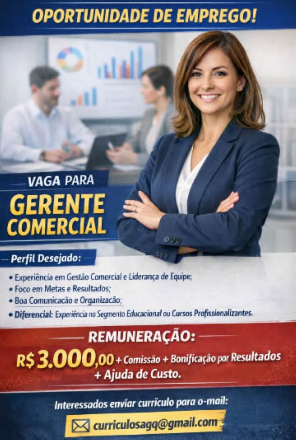 Empresa abre vaga para gerente comercial com salário de R$ 3 mil e benefícios
