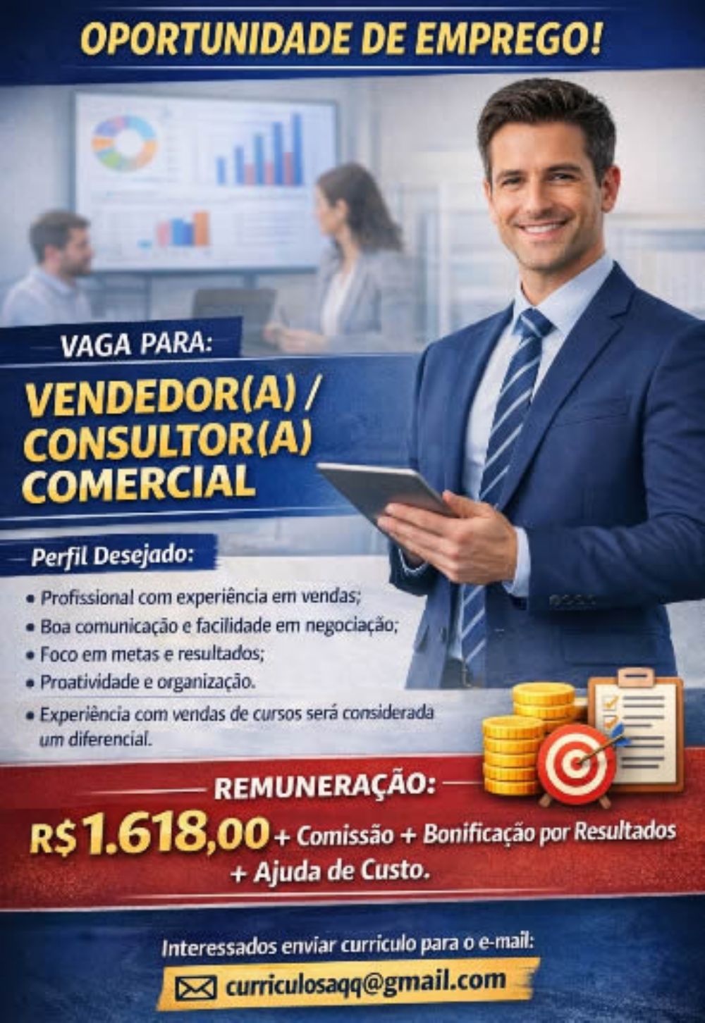 Empresa divulga vaga para vendedor ou consultor comercial com salário e comissão